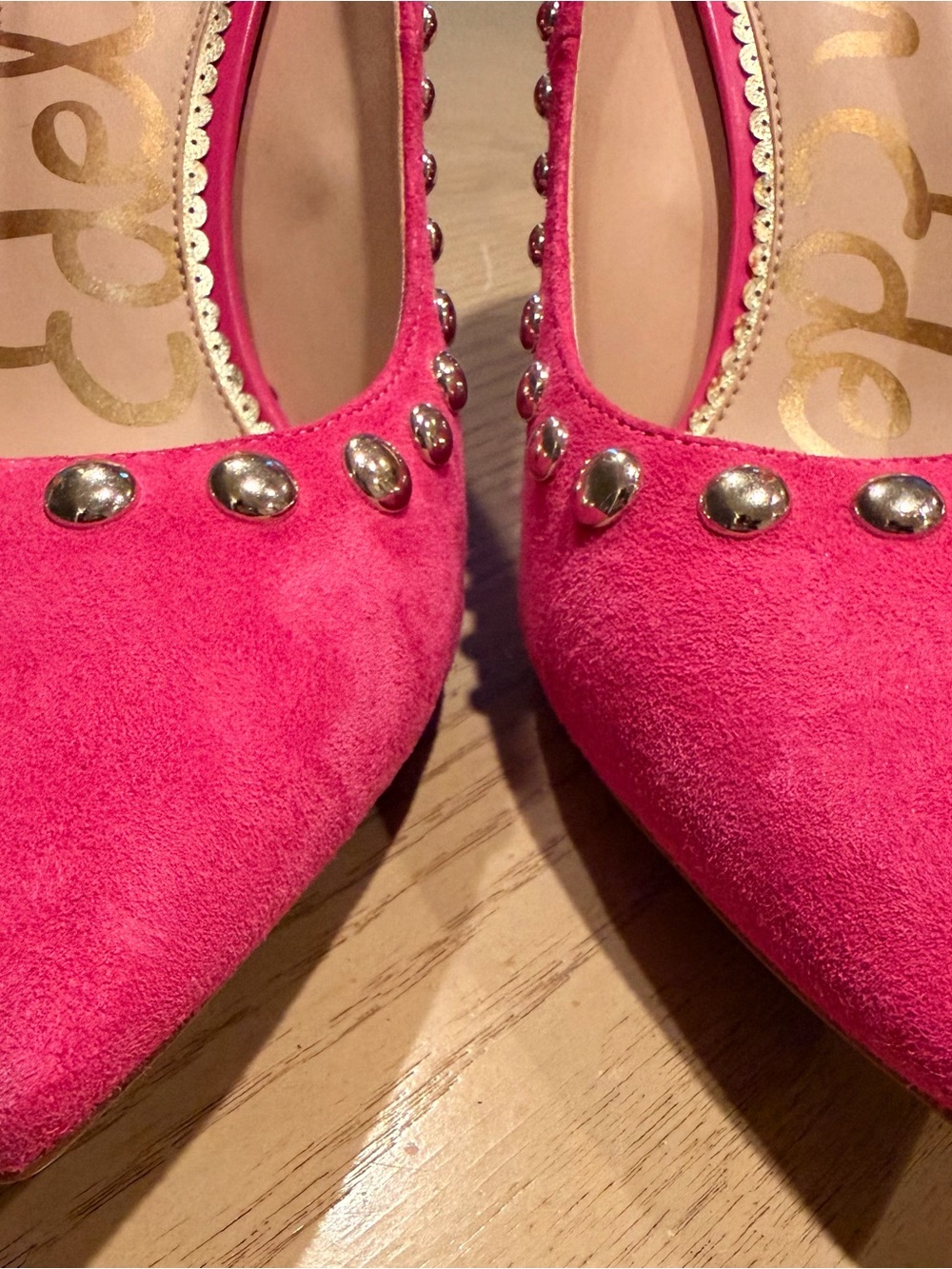 Sam Edelman Pink Studded Suede Pointed Toe Ankle Strap Flats - Picture 2 of 7